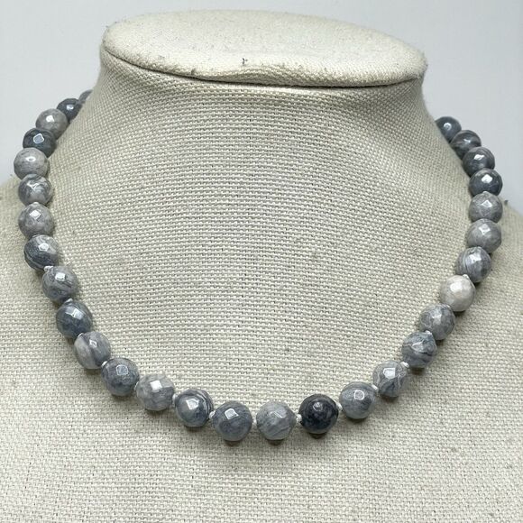 Stunning Unique Gray Picasso Jasper Gemstone Beaded Knotted Necklace 19" Boho - Picture 2 of 7